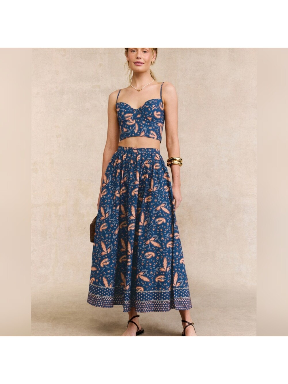 Polo Ralph Lauren Women 6 Bustier Midi Skirt Set Blue Floral Cotton Coquettecore